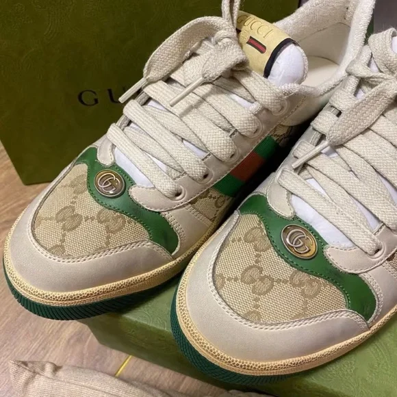 Gucci Beige and Green Women's Sneakers - Picture 2 of 5